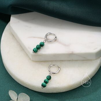 Sterling Silver Genuine Malachite Stone Trio Huggie Hoop Earrings, 6 of 11