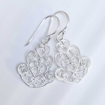 Sterling Silver Dangly Indian Hearts Earrings, 3 of 8