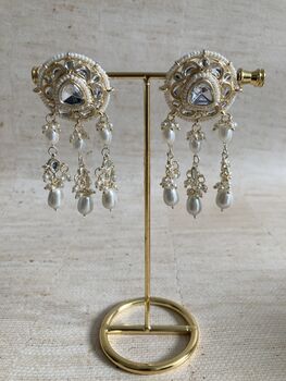 Pearl Dangle Gold Plated White Kundan Earrings, 3 of 4