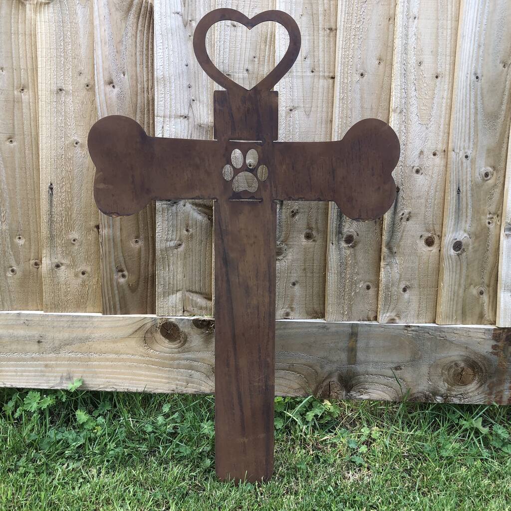 Rusty Metal Dog Memorial Cross Grave Headstone By RW NORFOLK