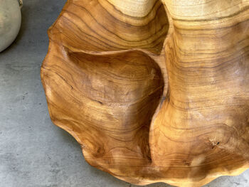 30cm Handcrafted Teak Wooden Triple Fruit Nuts Bowl, 9 of 12