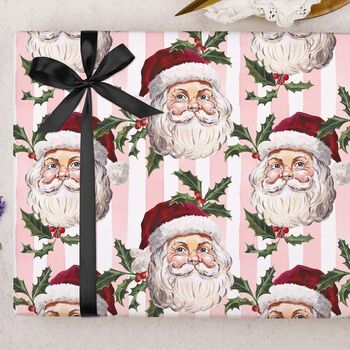Three Sheets Of Traditional Santa Pink Stripe Christmas Wrapping Paper, 2 of 2