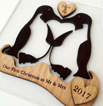 Oak Penguins Engagement Anniversary Wood Gift, 2 of 5