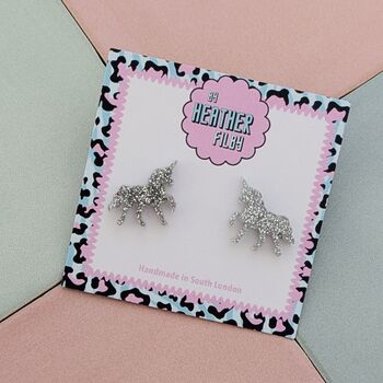 Unicorn Glitter Resin Stud Earrings Pink, Blue And Silver, 7 of 12