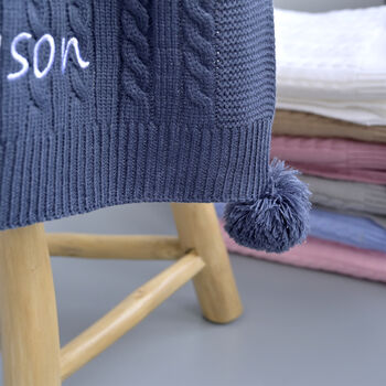 Personalised Dusty Blue Knitted Baby Blanket, 9 of 9