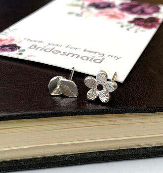 Sterling Silver Thank You Bridesmaid Flower And Leaf Mismatched Wedding Earrings, 11 of 12