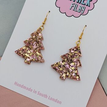 Caramel Swirl / Gold And Pink Glitter Christmas Tree Earrings, 3 of 10