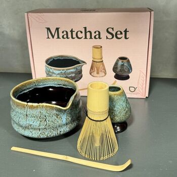 Matcha Tea Making Set In Blue And Brown Reactive Glaze, 8 of 11