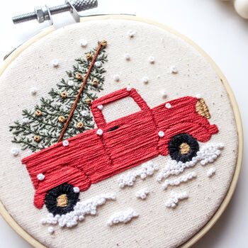 Red Christmas Truck With Tree And Snowy Scene Beginner Embroidery Kit, Hand Embroidery, 2 of 6