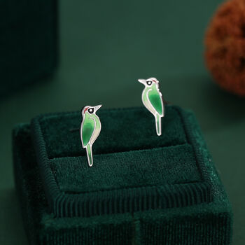 Sterling Silver Green Woodpecker Enamel Stud Earrings, 2 of 11
