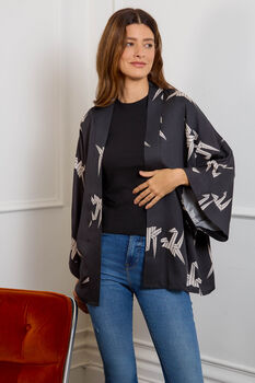 Japanese Origami Bird Print Black And Ivory Short Light Weight Kimono, 3 of 6