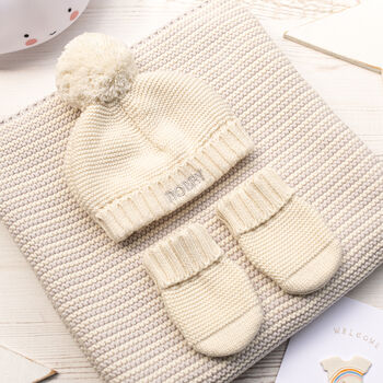 Unisex Baby Blanket, Bobble Hat And Mittens Set, 3 of 12