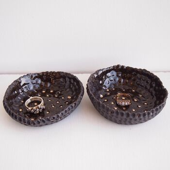 Handmade Black Gloss Ceramic Ring Dish With Gold Dots, 3 of 6