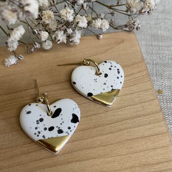 Black And White Ceramic Heart Earrings 22k Gold Lustre, 5 of 7