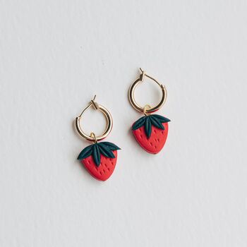 Strawberry Fruit Charm Gold Hoop Earrings, 3 of 4