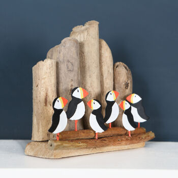 Six Puffins With Driftwood Backdrop Decoration, 3 of 3