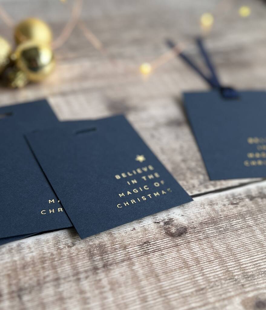 Navy Christmas Gift Tags With Gold Foil Set Of Five, 1 of 2