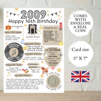 16th Birthday Card With 2009 Coin And Envelope Choose Your Colour, 2 of 3