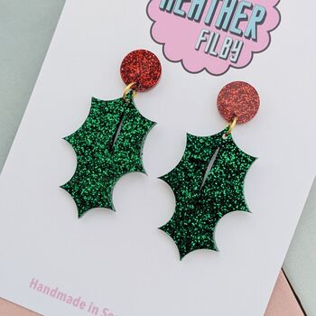 Holly Leaf Glitter Resin Christmas Earrings, 3 of 4