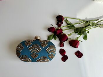Valeria Teal Embroidered Embellished Oval Clutch Bag, 3 of 8