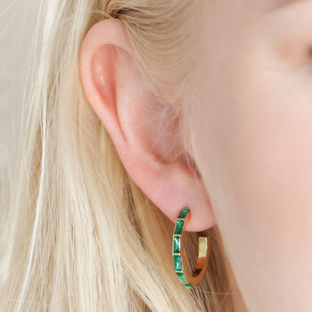 Green Baguette Crystal Hoop Earrings In Gold, 2 of 4