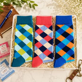 Men’s Birthday Sock Gift Box, Three Pairs Colourful Socks For Men, Birthday Gift For Dad, Husband Or Grandad, 6 of 8