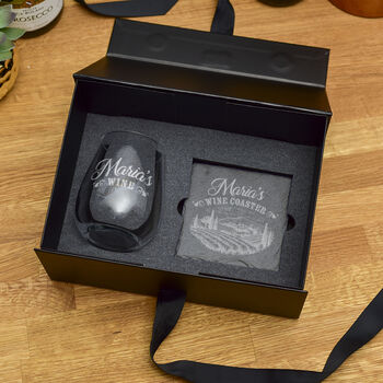 Gift Boxed Vineyard Stemless Wine Glass And Coaster Set, 4 of 4