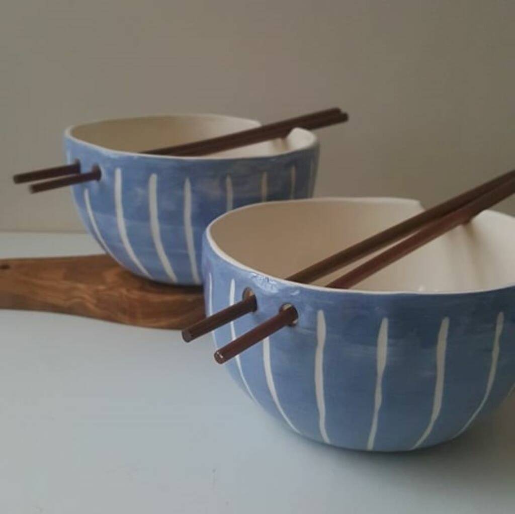 Handmade Blue Stripes Noodle Bowl, 1 of 11