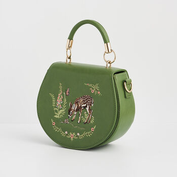 Green Fawn And Snail Embroidered Top Handle Saddle Bag, 7 of 9