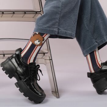 Navy And Red Stripe Bear Mid Calf Length Socks, 2 of 3