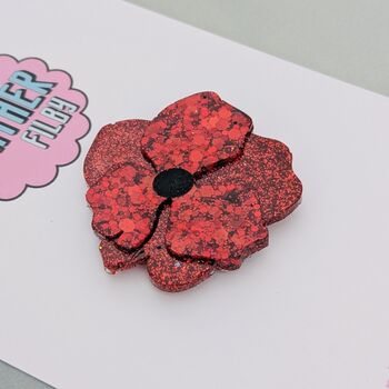Remembrance Day Poppy Brooch Red Glitter Resin, 2 of 4
