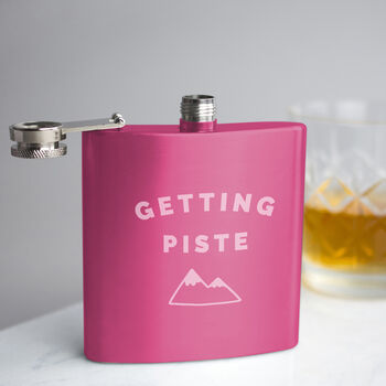 'Getting Piste' Engraved Skiing Hip Flask, 6 of 9
