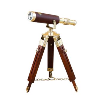 Custom Brass And Brown Leather Telescope With Wooden Tripod, 5 of 6
