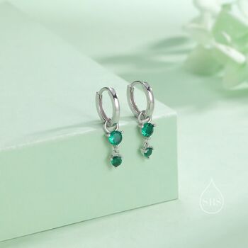 Double Emerald Green Cz Huggie Hoop Earrings, 5 of 11