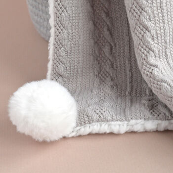 Personalised Grey Knitted Blanket With Pom Pom, 7 of 8