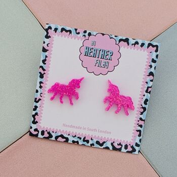 Unicorn Glitter Resin Stud Earrings Pink, Blue And Silver, 2 of 12