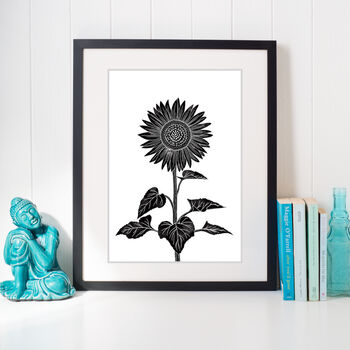 Single Sunflower Black And White Linocut Art Print, 3 of 4