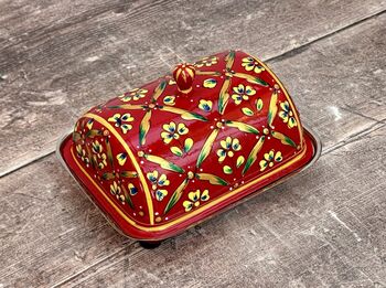 Handpainted Red Patterned Butter Dish, 3 of 5