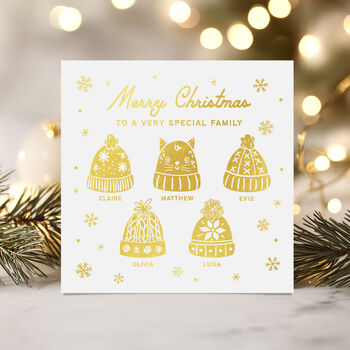 Personalised Family Or Friends Christmas Card With Foiled Christmas Wooly Hats, 10 of 10