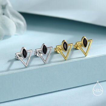 Sterling Silver Triangle And Black Marquise Cz Arrow Stud Earrings, 7 of 12