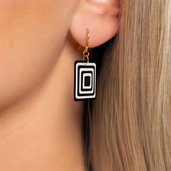 Black And White Geometric Rectangle Earrings • Gold Plated Sterling Silver Hooks, 4 of 9