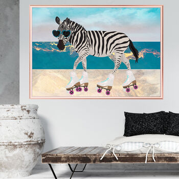 Custom Summer Art Print Zebra Rollerskating Beach Scene, 2 of 5