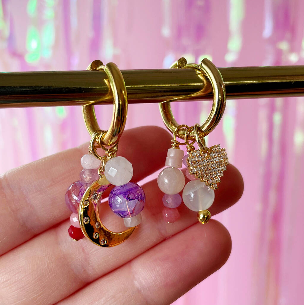 No Waste Pink Bead And Gold Plate Charm Hoops By Lucent Studios