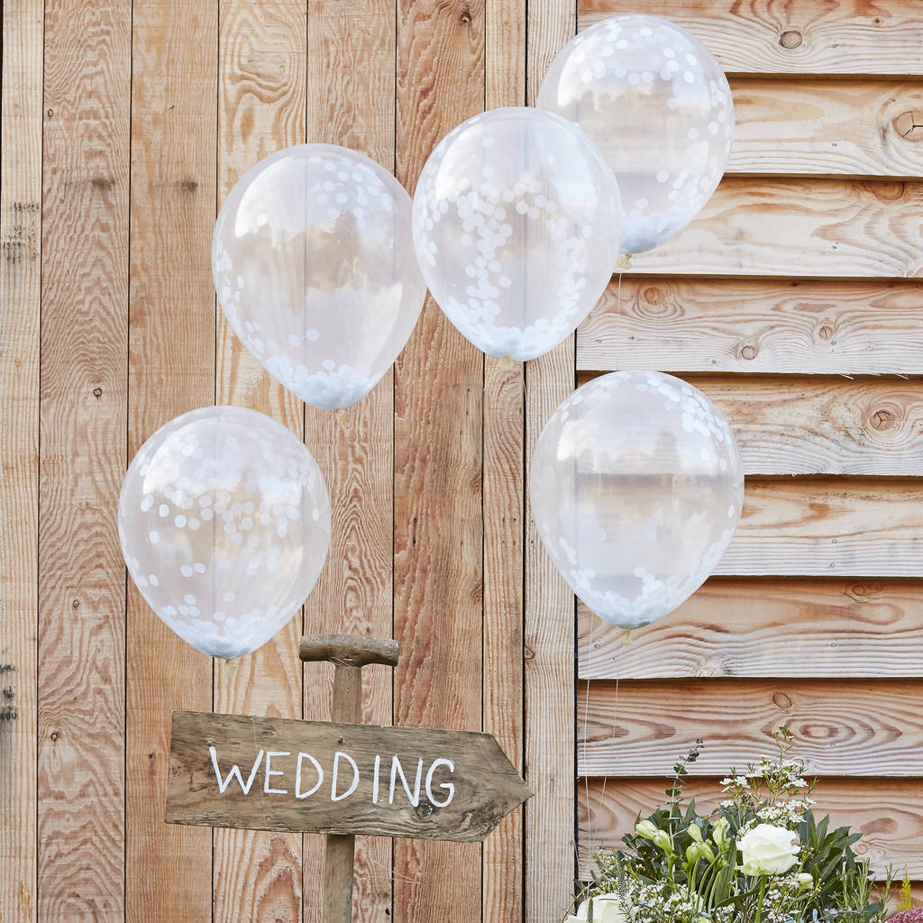 Pack Of Five White Confetti Filled Clear Balloons, 1 of 3