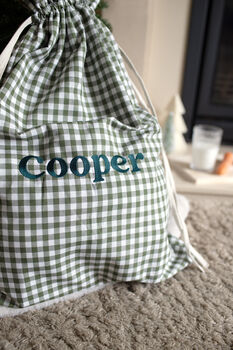 Personalised Green Gingham Gift Sack Embroidered, 5 of 12