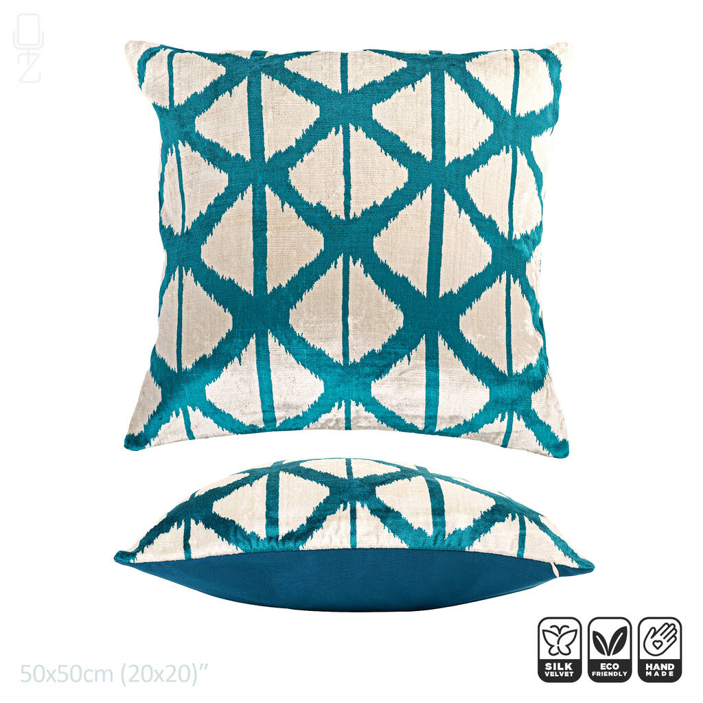 Turquoise Blue Silk Velvet Decorative Cushion Cover with Traditional Pattern | Front shops side is 100% Silk Velvet, Back side is Soft Blue Fabric