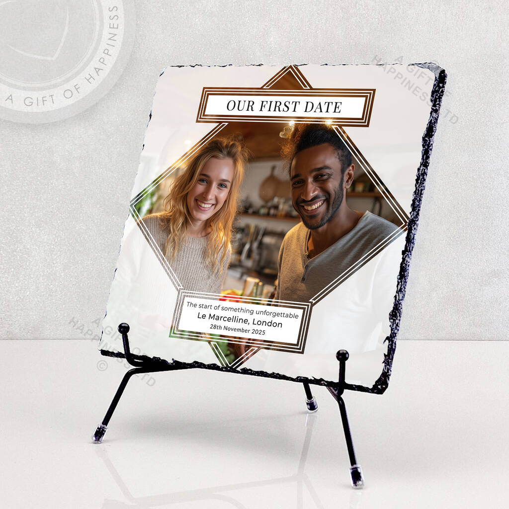 Our First Date Personalised Rock Photo Slate Dating Gift, 1 of 6