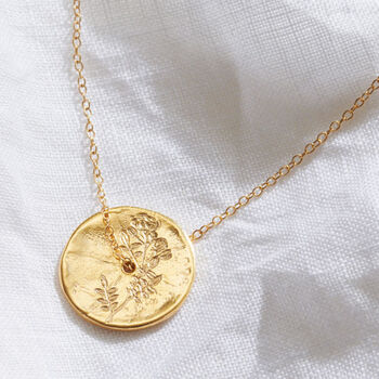 Birth Flower Disc Necklace In 18 Carat Gold Vermeil, 10 of 12