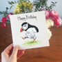 Illustrated Dancing Puffin Birthday Card, thumbnail 1 of 6