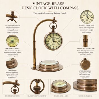 Vintage Nautical Hanging Desk Clock With Compass Base, 3 of 12